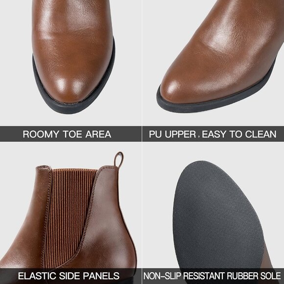 Women's Brown PU Chelsea Boots Chunky Block Heel Slip On Ankle Boot with Elastic - Picture 3 of 8